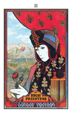 Tarot card featuring 'The High Priestess' with a stylized landscape and character.