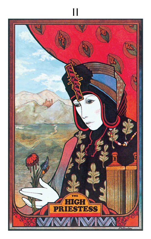 Tarot card featuring 'The High Priestess' with a stylized landscape and character.