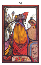 Tarot card titled 'The Lovers' with two figures and decorative elements.
