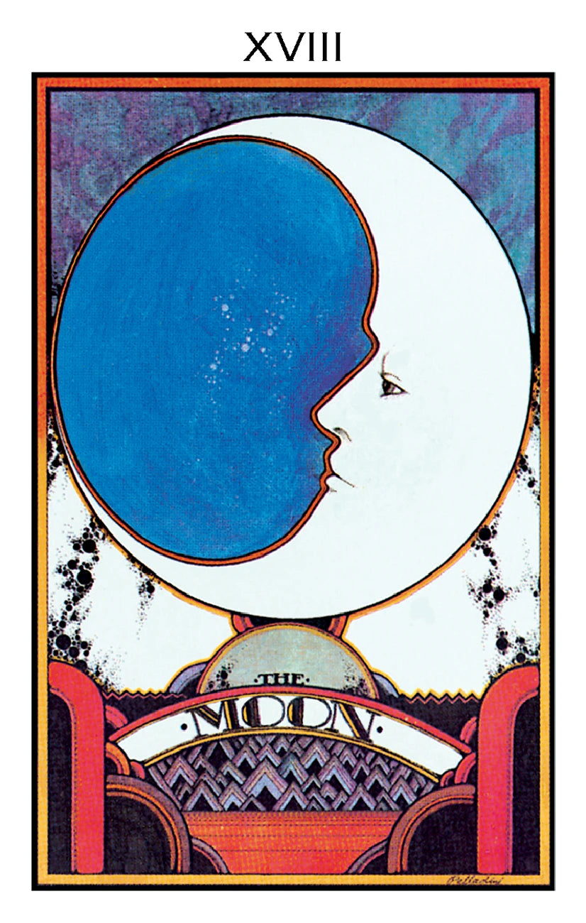 Tarot card featuring a stylized moon with a face, labeled 'XVIII' on a colorful background.