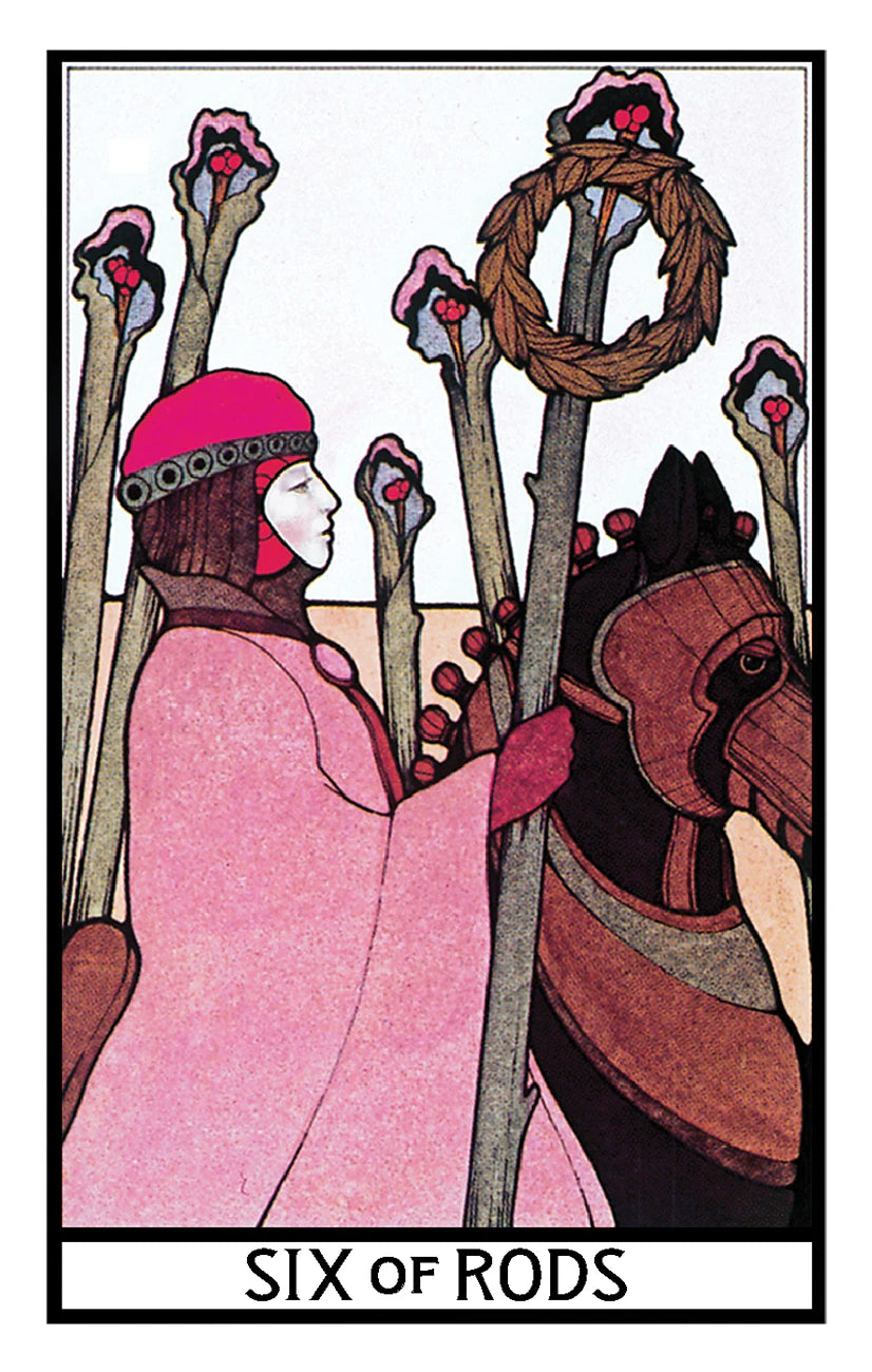Card from a tarot deck titled 'Six of Rods' featuring a woman and a horse with rods and wreaths.