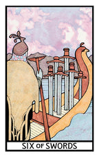 Tarot card featuring a boat with six upright swords against a pastel sky.