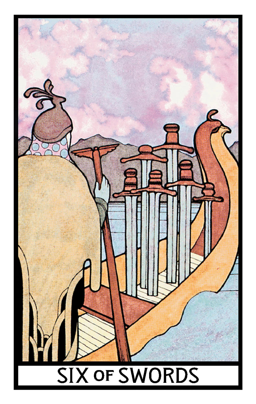 Tarot card featuring a boat with six upright swords against a pastel sky.