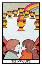 Tarot card featuring two people facing each other with a rainbow and chalices above them, labeled 'Ten of Cups'.
