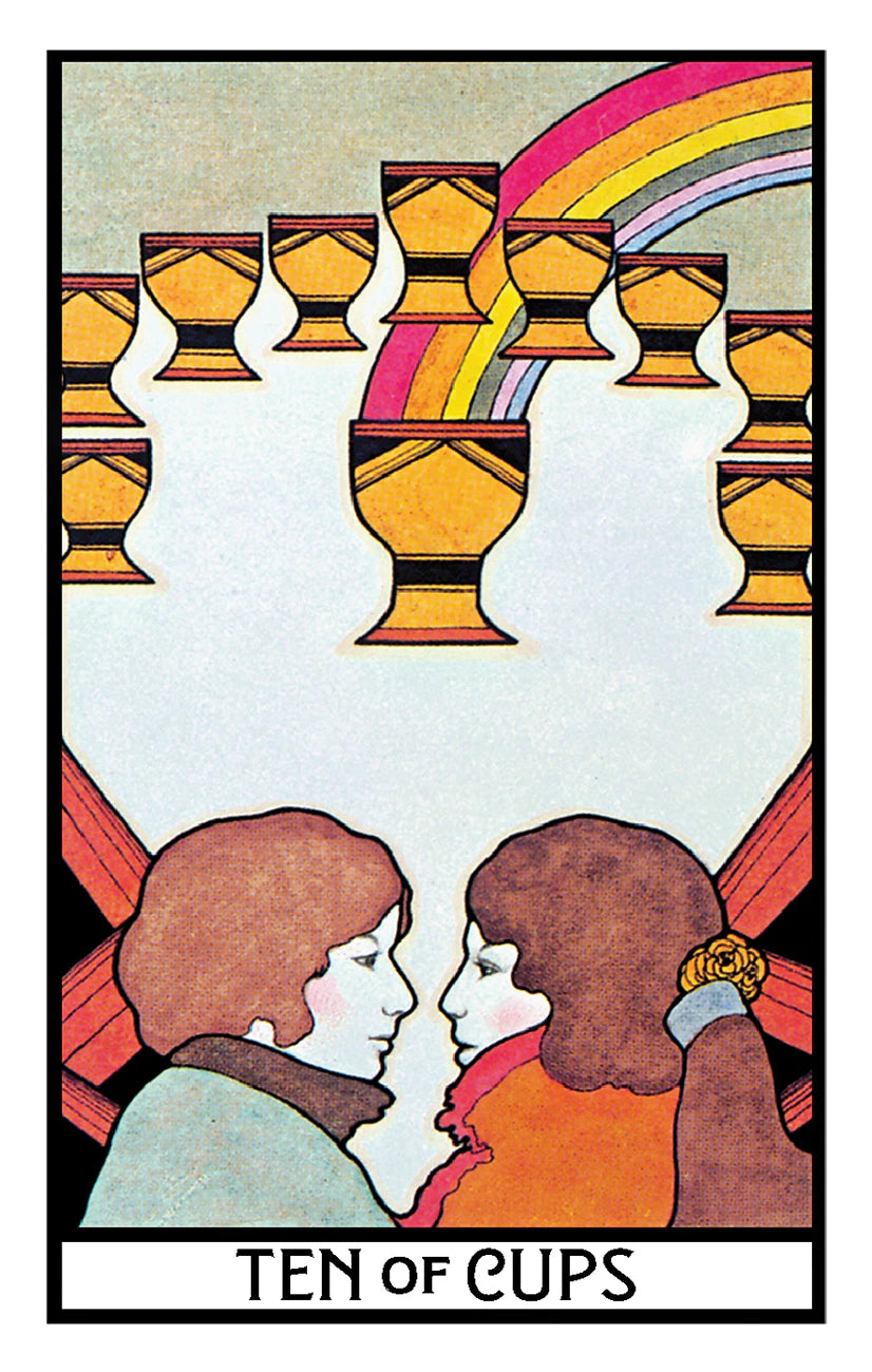 Tarot card featuring two people facing each other with a rainbow and chalices above them, labeled 'Ten of Cups'.