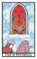 Tarot card featuring a stained glass window with red pentacles and two figures below against a blue sky.