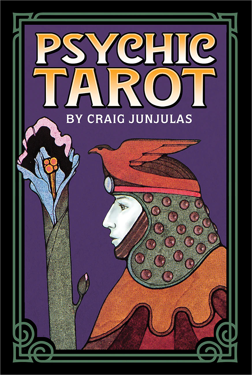 Book cover of 'Psychic Tarot' by Craig Junjulas with a stylized illustration of a figure and tree on a purple background.