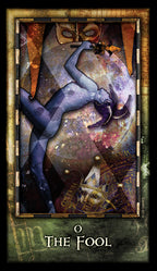 Tarot card titled 'The Fool' with artistic depiction of a nude figure and geometric shapes.