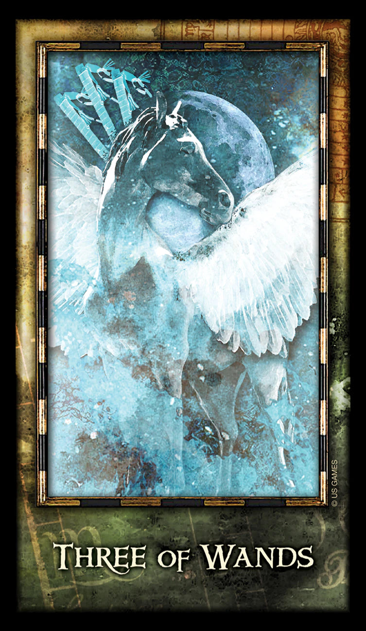 Framed artwork of a winged horse with 'Three of Wands' text on a textured background