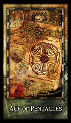Ace of Pentacles card with astrological symbols and text on a dark background