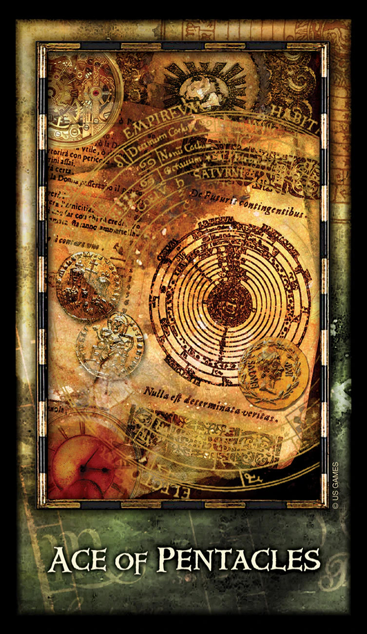 Ace of Pentacles card with astrological symbols and text on a dark background