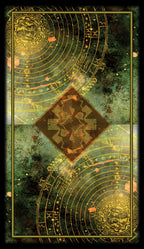 Decorative card with gold symbols and text on a dark green background