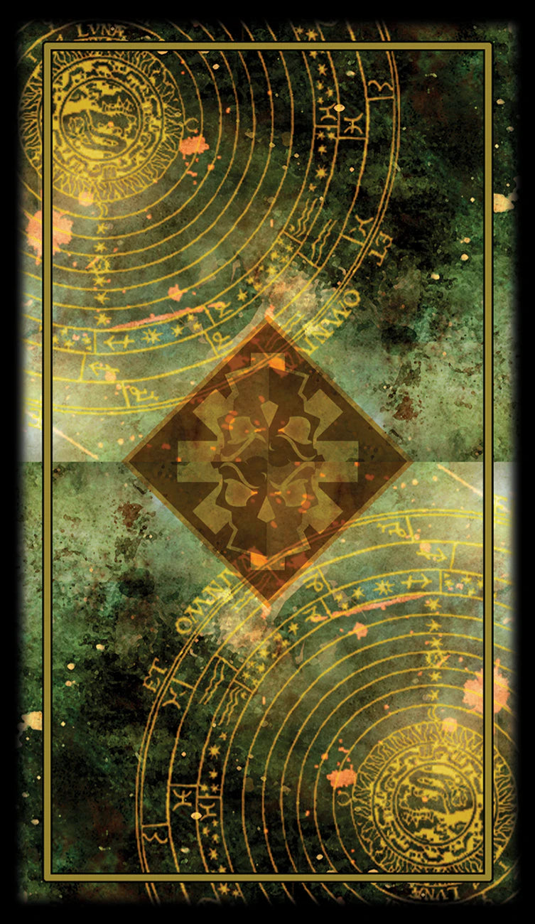 Decorative card with gold symbols and text on a dark green background