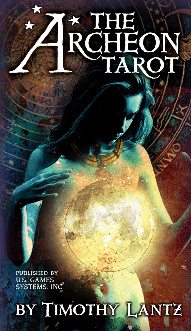 Cover of 'The Archeon Tarot' with a woman holding a glowing orb and astrological symbols.