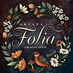 Cover of 'Arcana Folia Oracle Deck' with decorative elements like flowers, leaves, and a bird.