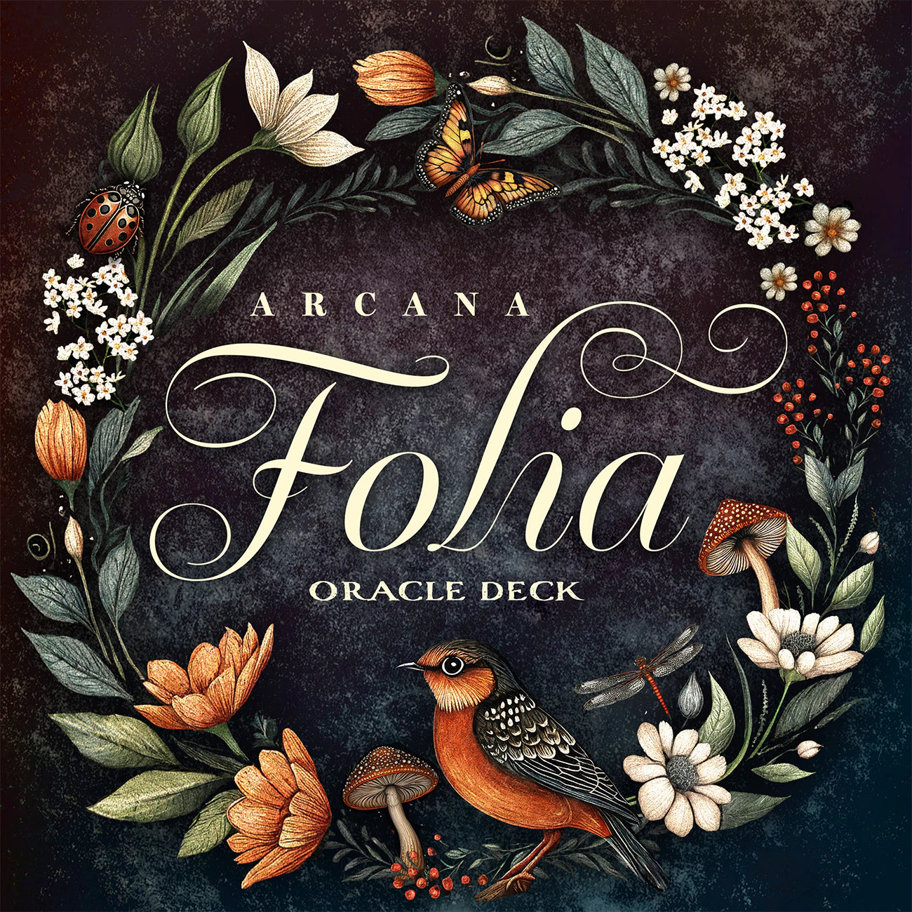 Cover of 'Arcana Folia Oracle Deck' with decorative elements like flowers, leaves, and a bird.