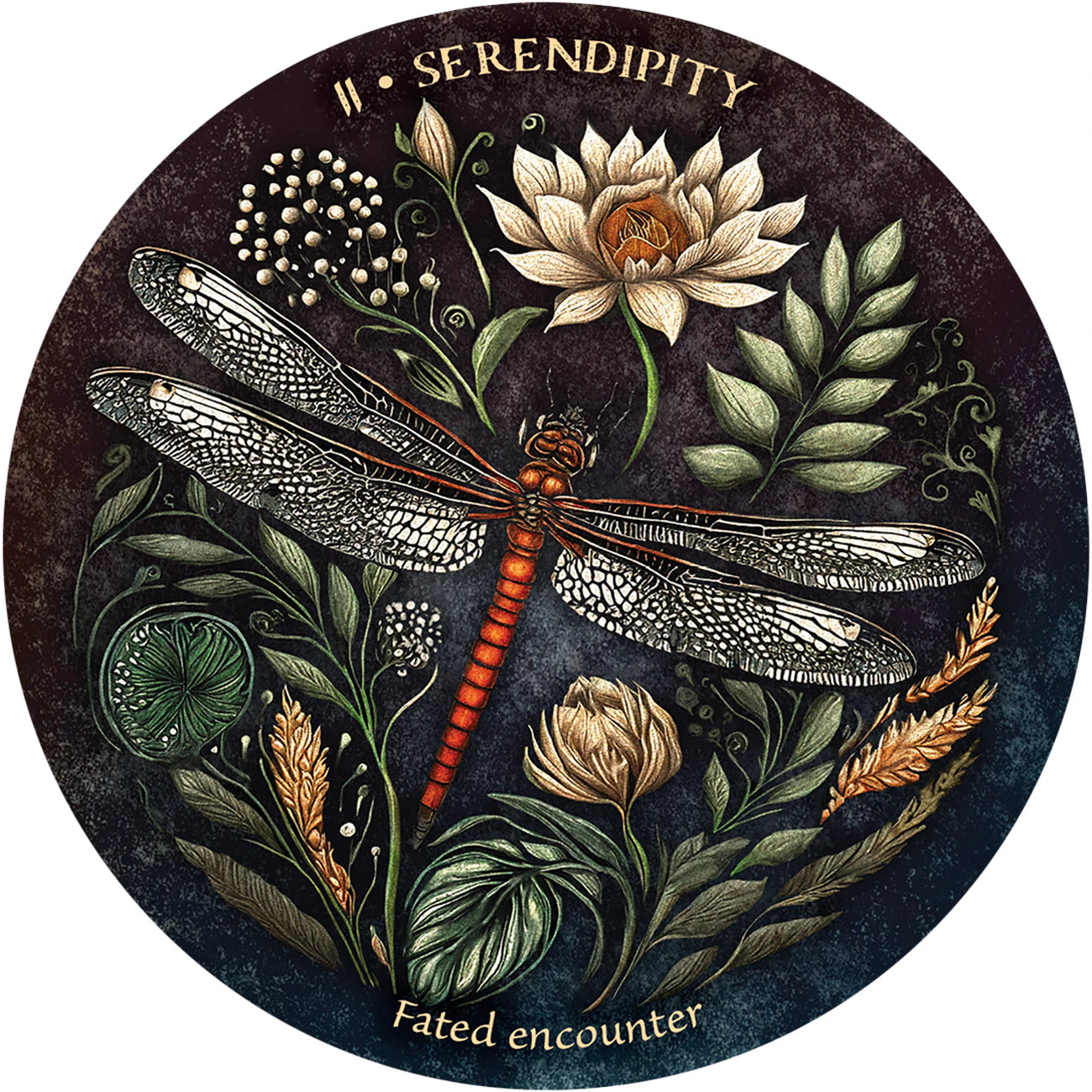 Decorative circular design with a dragonfly, flowers, and leaves on a dark background.