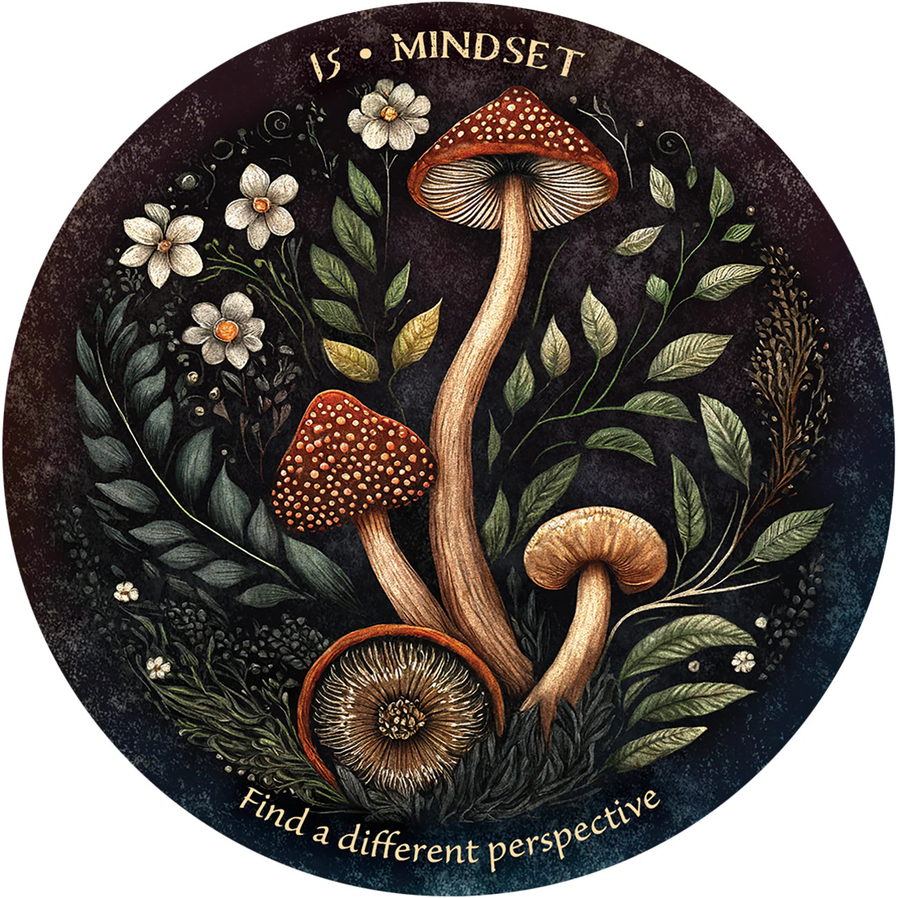 Circular artwork with mushrooms, flowers, and leaves, featuring the text 'MINDSET is a different perspective'.