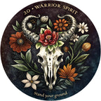 Decorative round design with a skull, flowers, and text on a dark background