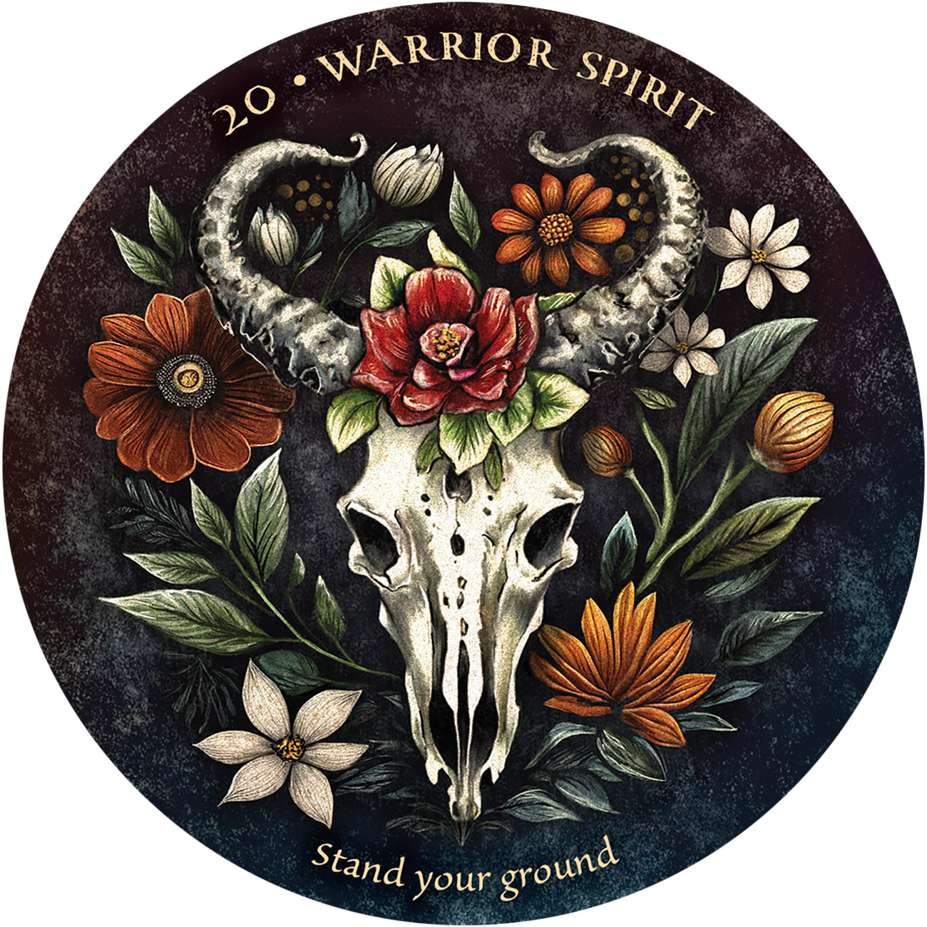 Decorative round design with a skull, flowers, and text on a dark background