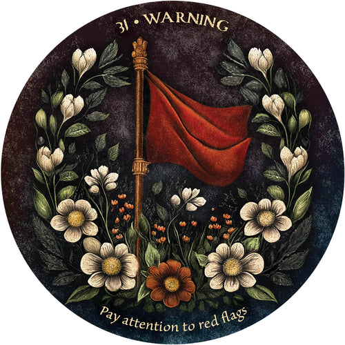 Decorative circular design with flowers, a red flag, and text on a dark background