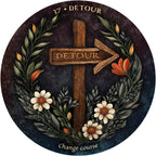 Decorative round design with a wooden signpost, flowers, and leaves on a dark background.