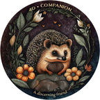Illustration of a hedgehog surrounded by flowers and leaves with text '40 Companion' and 'A discerning friend'.