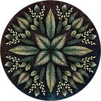 Circular design with stylized leaves and branches on a dark background