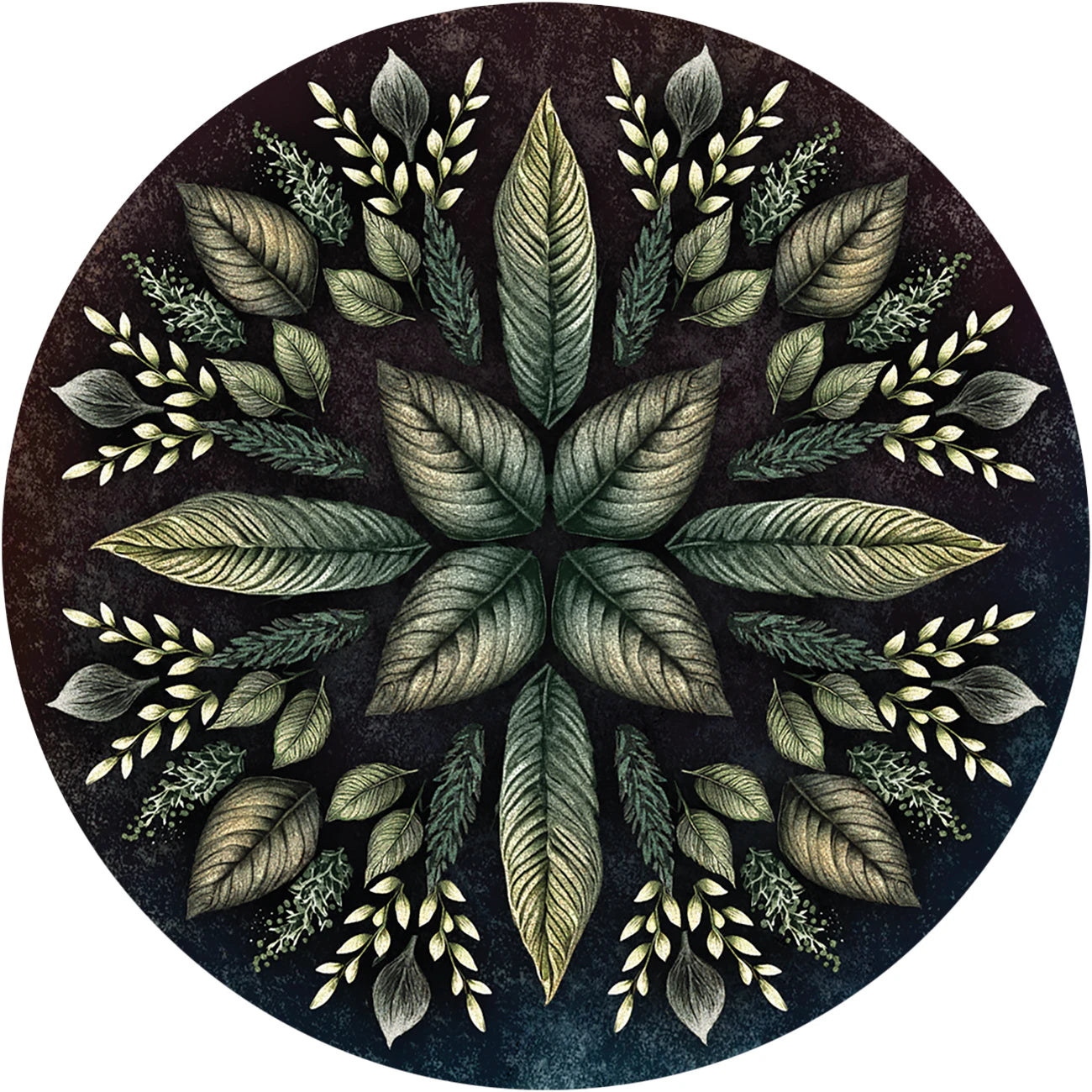 Circular design with stylized leaves and branches on a dark background