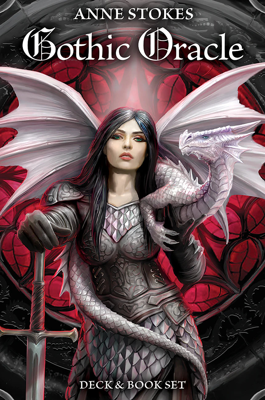 Book cover of 'Gothic Oracle' by Anne Stokes featuring a woman with dragon wings and a sword.