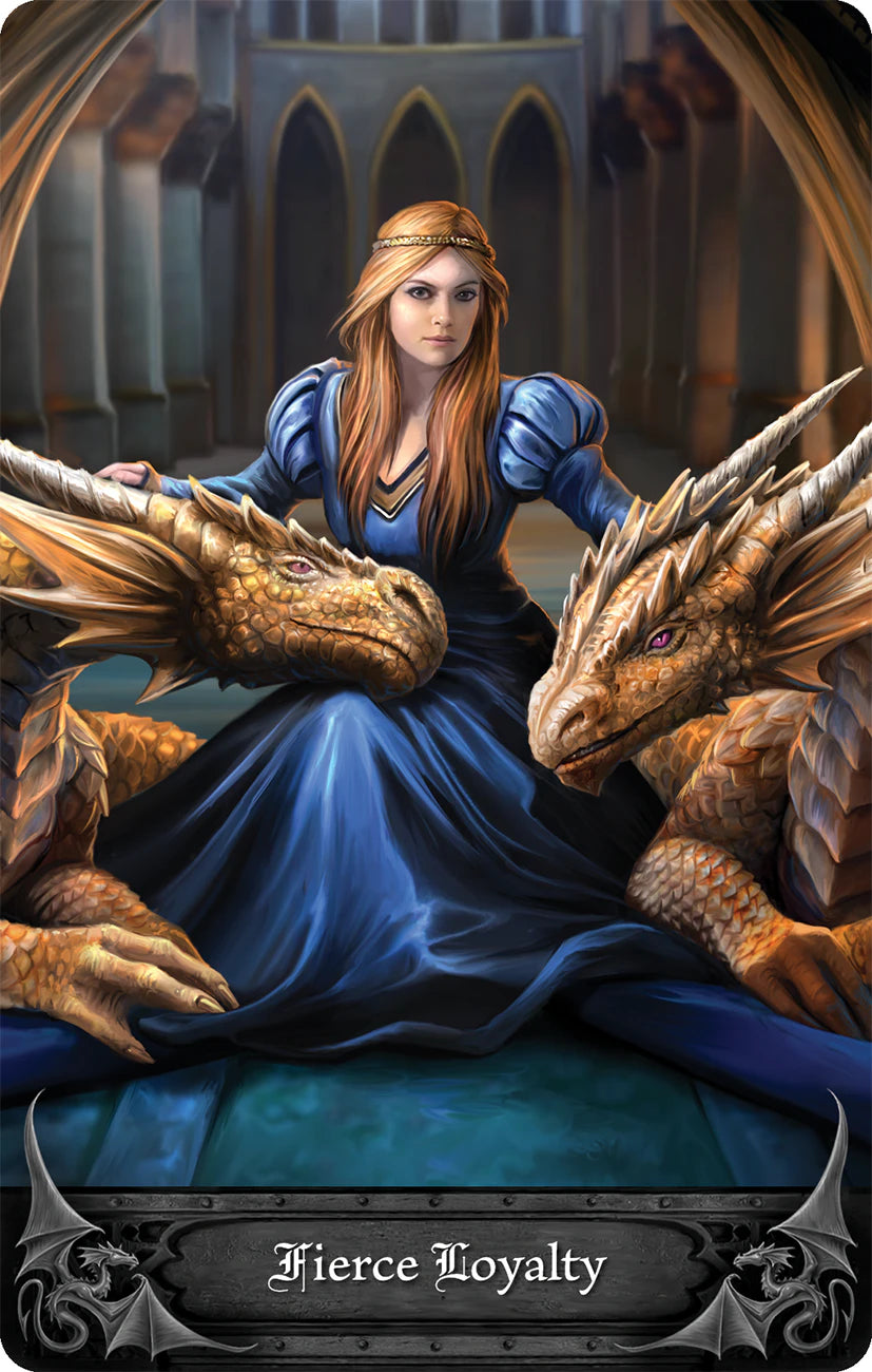 Woman in a blue dress sitting between two dragons with a cathedral-like background.