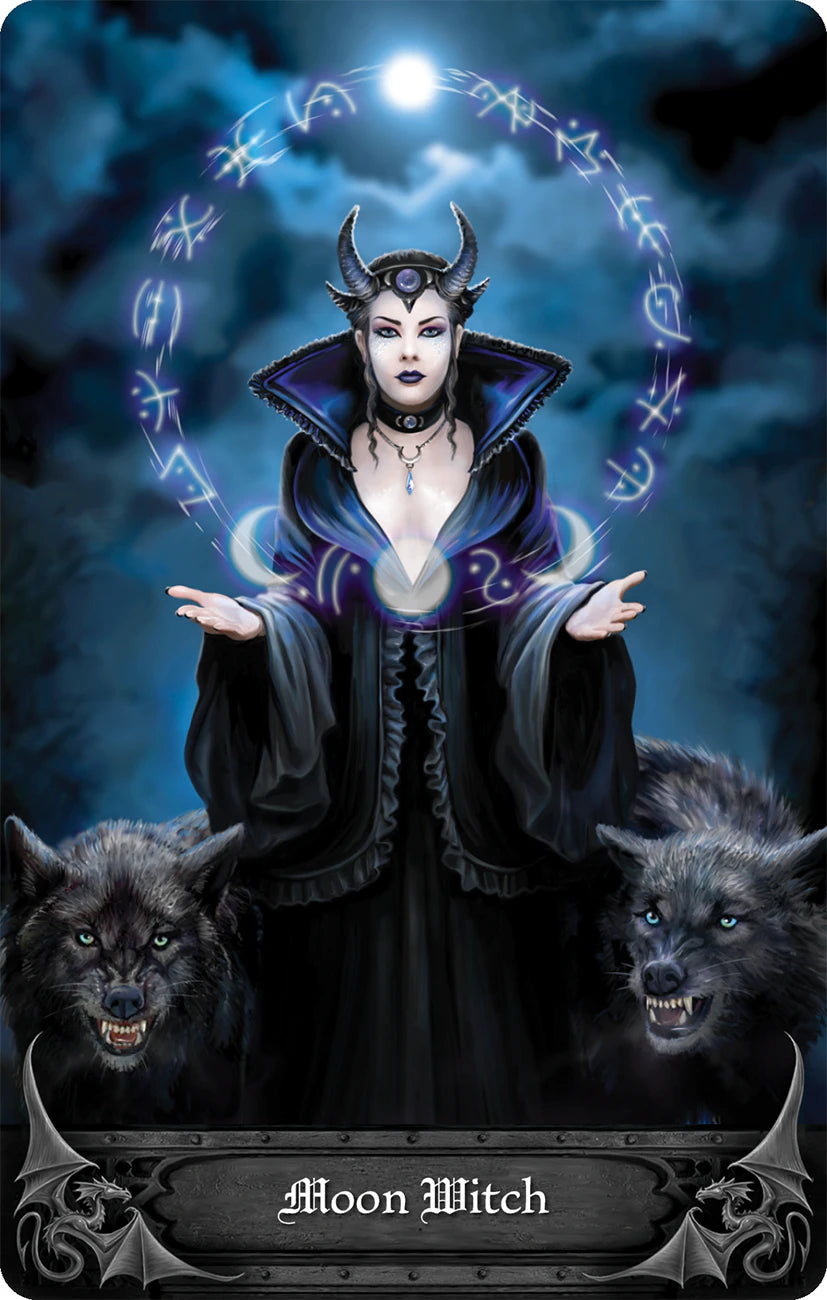 Card featuring a witch with wolves and mystical symbols against a dark background