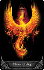 Artistic depiction of a phoenix rising from flames with a dark background