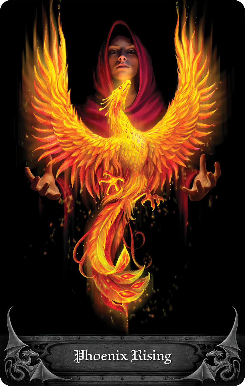 Artistic depiction of a phoenix rising from flames with a dark background