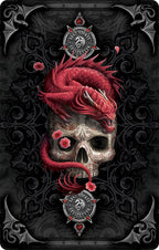Gothic-style card with a red dragon coiled around a skull on a dark background.