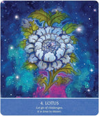 Lotus flower design with starry night background and text '4. LOTUS Let go of challenges, it is time to bloom.'