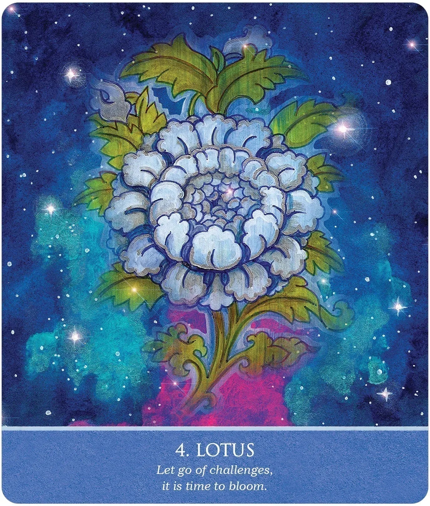 Lotus flower design with starry night background and text '4. LOTUS Let go of challenges, it is time to bloom.'