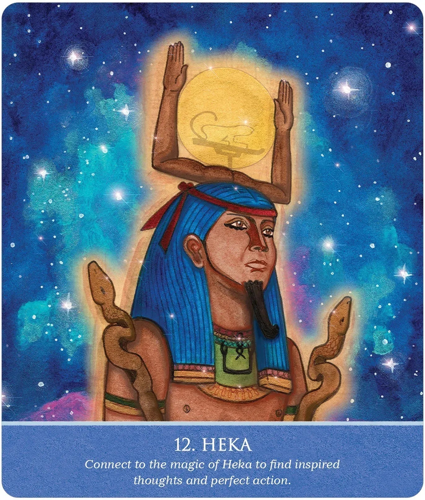 Card featuring an Egyptian?? with a blue and purple celestial background, labeled '12. Heka'.
