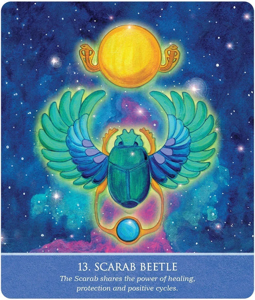 Scarab beetle with wings on a cosmic background, symbolizing healing, protection, and positive cycles.