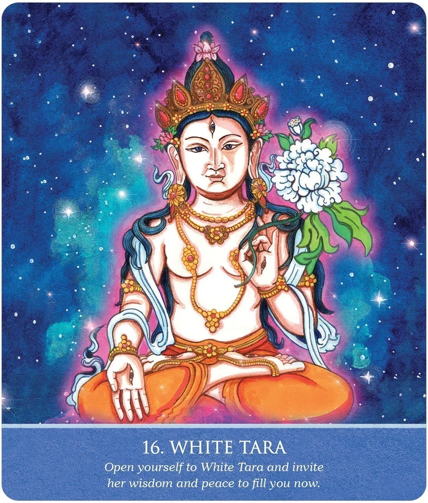 Illustration of White Tara with a cosmic background