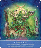 Illustration of the Green Man with antlers, snake, and staff against a starry night sky.