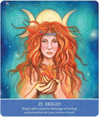 Illustration of a woman with red hair and horns, holding a flame against a starry sky background.