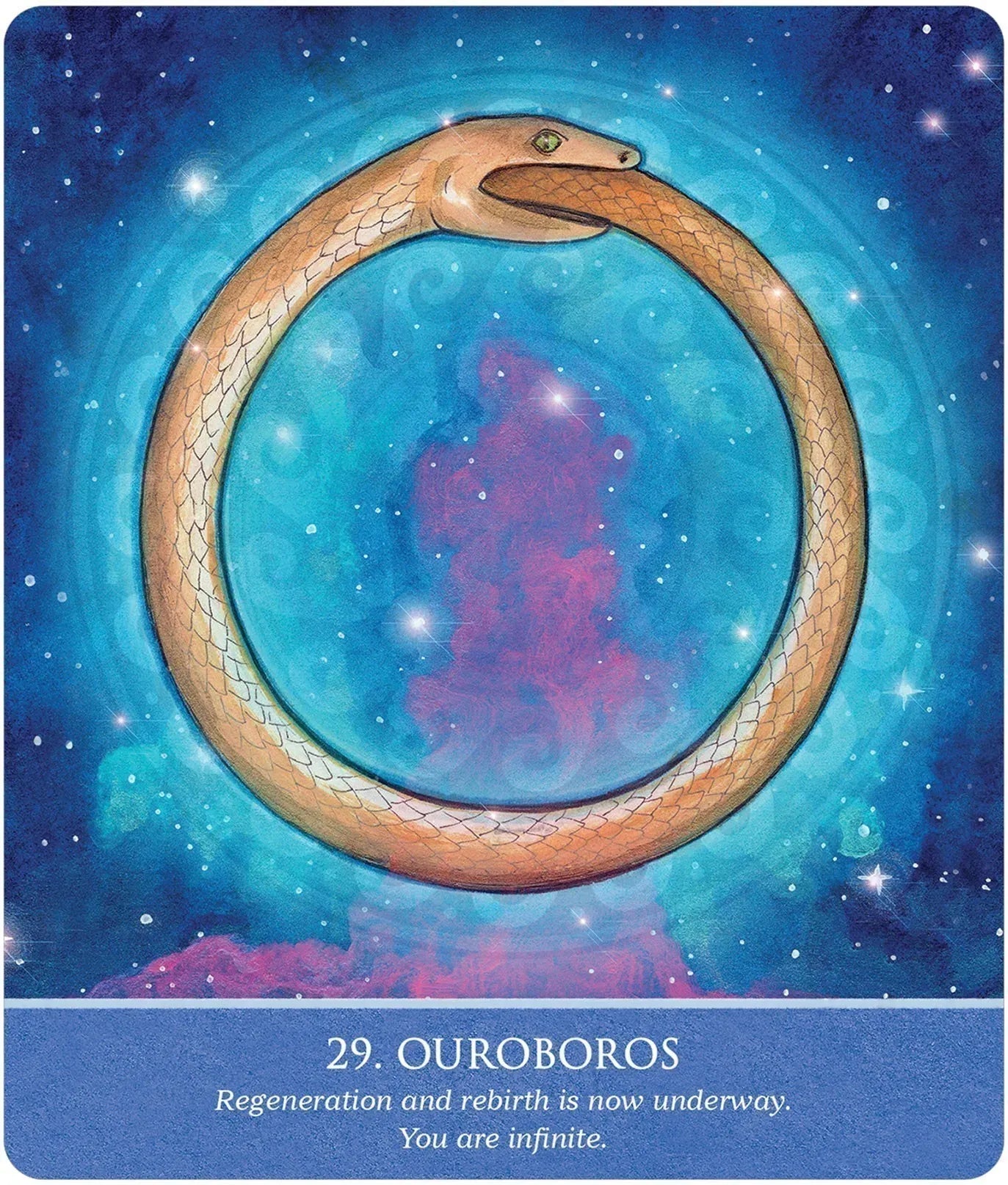 Ouroboros symbol with a cosmic background on a card