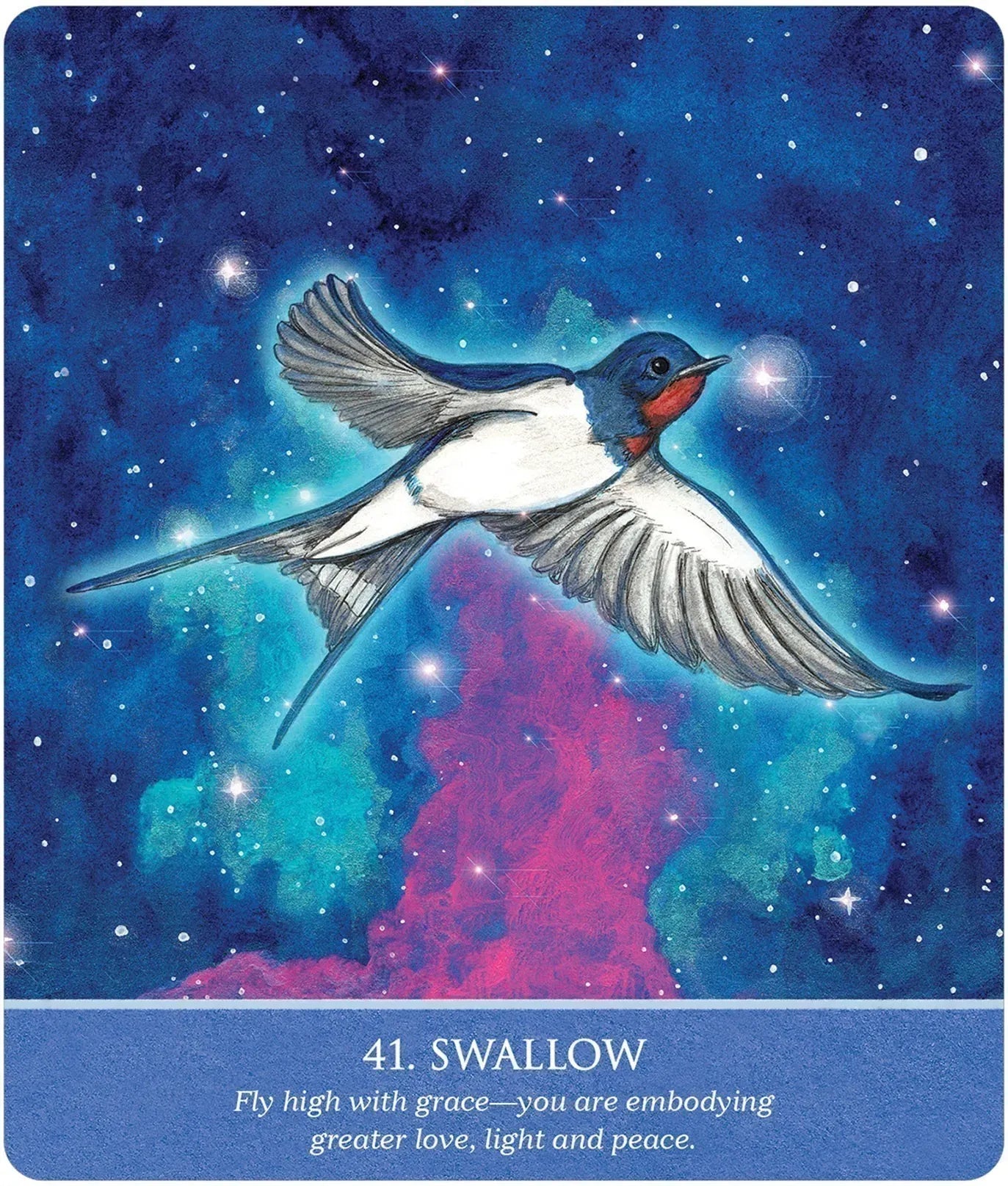Swallow flying in a starry, cosmic sky with text below.