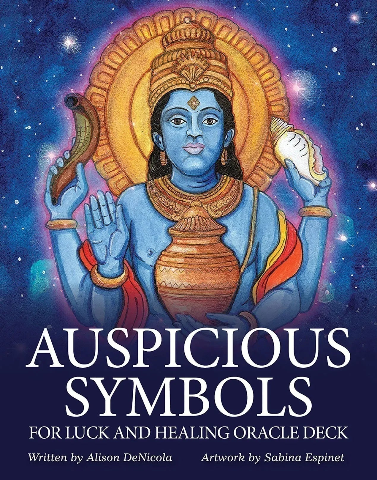 Book cover of 'Auspicious Symbols for Luck and Healing Oracle Deck' with a deity illustration on a blue background.