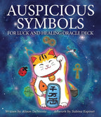 Book cover of 'Auspicious Symbols for Luck and Healing Oracle Deck' with a cat illustration and symbols on a blue background.
