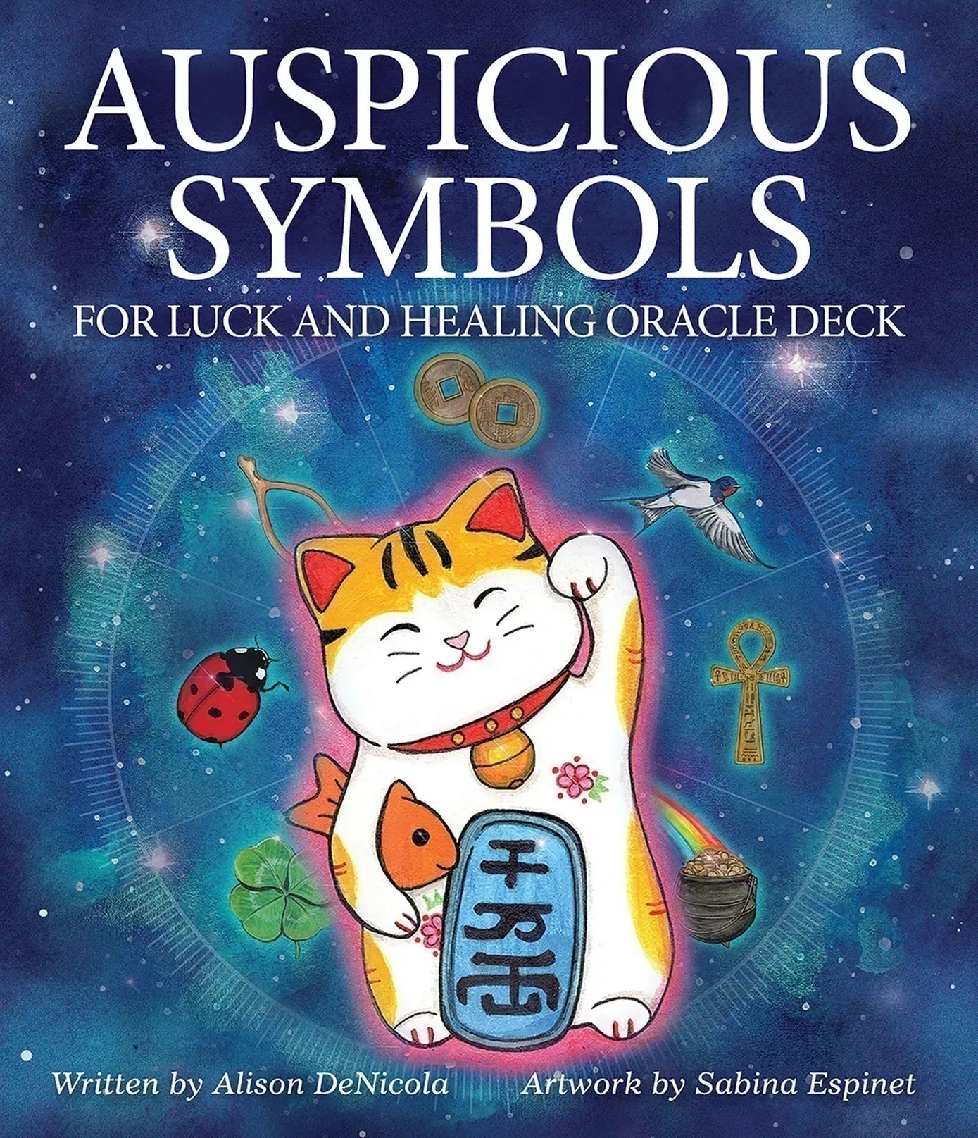 Book cover of 'Auspicious Symbols for Luck and Healing Oracle Deck' with a cat illustration and symbols on a blue background.