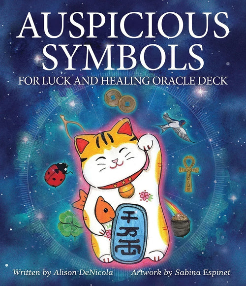 Book cover of 'Auspicious Symbols for Luck and Healing Oracle Deck' with a cat illustration and symbols on a blue background.