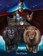 Illustration of a warrior in armor with a black panther and brown lion, titled 'The Chariot'.