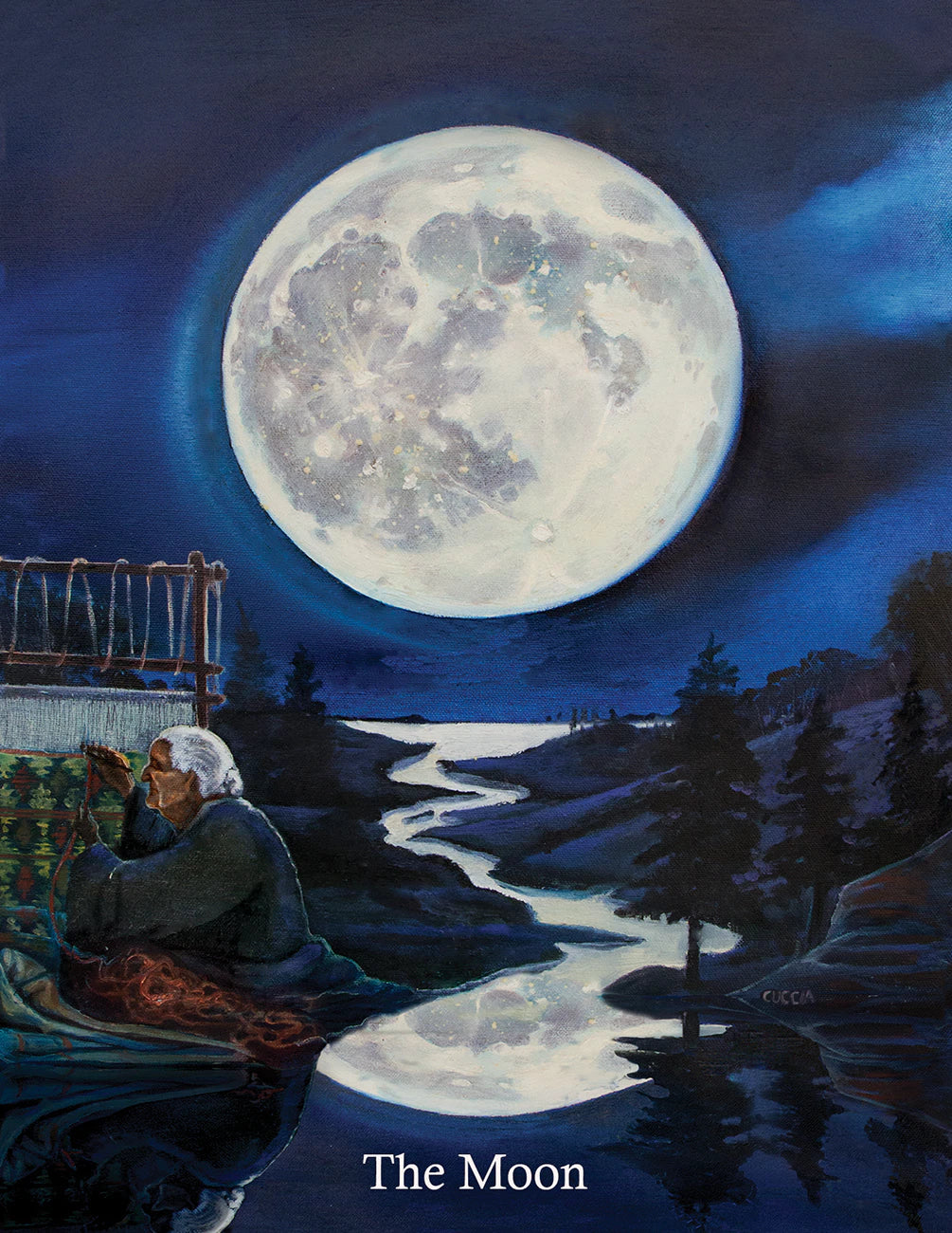 Man sitting by a river under a large moonlit sky with trees and a cabin.